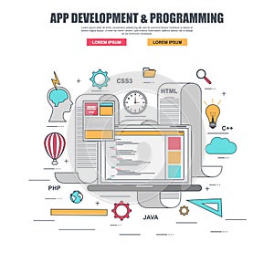 Thin line flat design concept for app development and creating website programming code