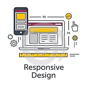 Thin line flat design concept banner for Web Development. Responsive design icon. Responsive website grid on laptop and