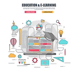 Thin line flat design concept of e-learning education