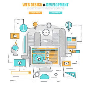 Thin line flat design concept for process web design and development website