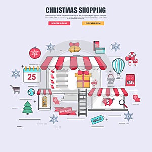 Thin line flat design concept of purchase goods in online store for christmas