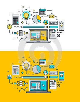 Thin line flat design concept on the theme of creative process, research, analytics, planning, development