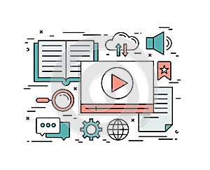 Thin line flat design concept of video tutorials