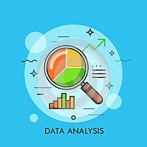 Thin line flat design of data analysis magnifier with pie chart