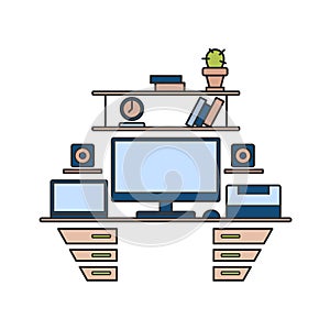 Thin line flat design of workplace. Modern vector illustration c