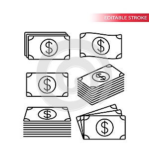 Thin line fully editable stack of dollar money icons. Banknote icon set. Pile of money icons.