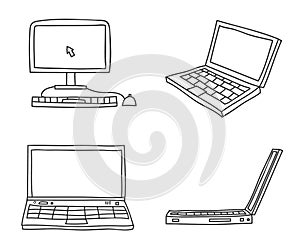 Thin line hand drawn laptop and desktop computer art