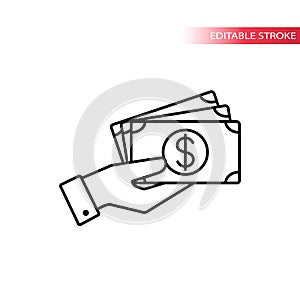 Thin line hand holding money icon. Hand with banknotes. Cash payment icon.