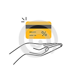 thin line hand with yellow gift or credit card