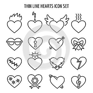 Thin line heart icons. Vector linear broken, marriage and lock hearts signs