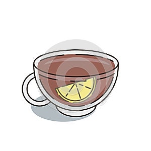 Thin line icon of burning black tea cup with slice of lemon