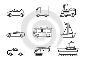 Thin line icons for car,truck,bus,helicopter,pickup truck,train,boat,ship,transportation,vector illustrations