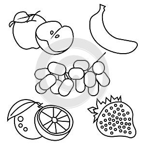 Thin line icons for fruits,apple,banana,orange,grape,strawberry,vector illustrations