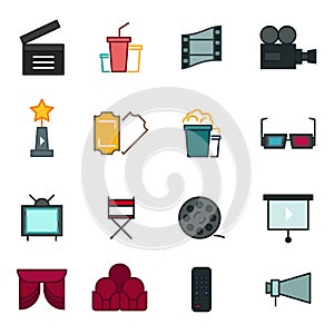 Thin line icons set of cinema shooting, movie making, film production, leisure entertainment,.