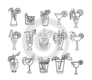 Thin line icons set of classic hand drawn alcoholic cocktails Collection of outline symbols.