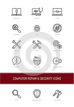 Thin line icons set. Computer repair and security.