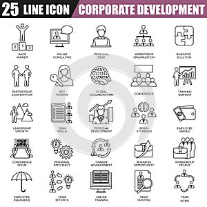 Thin line icons set of corporate development, business leadership training and corporate career