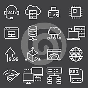 Thin line icons set of hosting and cloud computing networks concepts