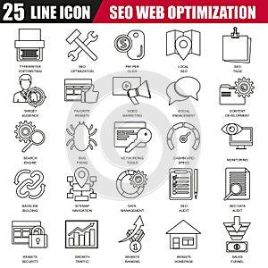 Thin line icons set of search engine optimization tools for growth traffic