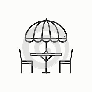 Thin line icons set. Table and chair outside. Outdoors. Silhouette street cafe, restaurant sign. Food service. Patio