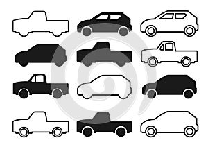 Thin line icons,solid icons for car,pickup truck,transportation,vector illustrations