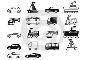 Thin line icons,solid icons for car,truck,bus,helicopter,pickup truck,train,boat,ship,transportation,vector illustrations
