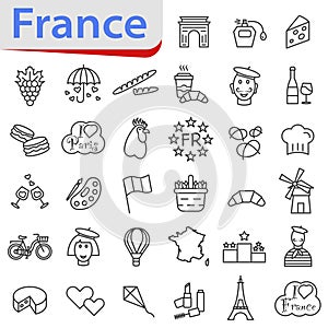 Thin line icons. Welcome to France. Vector icons about France. Sights of France