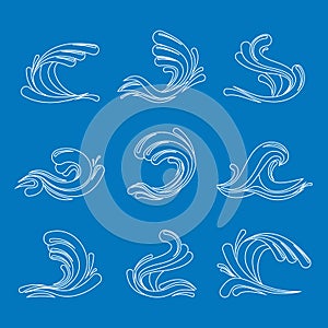 Thin Line Ocean or Sea Blue Waves Icons Set. Vector