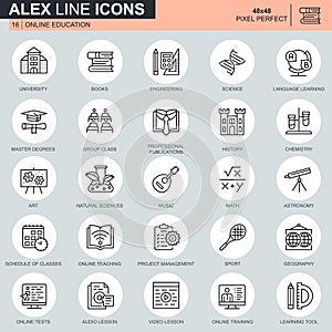 Thin line online education, e-learning, e-book icons set