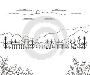 Thin line outline landscape rural farm. Panorama outdoor design village modern with mountain, hill, tree, sky, cloud and sun. Line