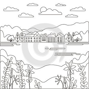 Thin line outline landscape rural farm. Panorama outdoor design village modern with mountain, hill, tree, sky, cloud and sun. Line