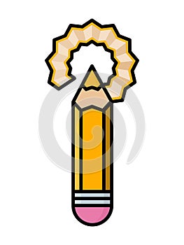 Thin line sharpened pencil icon with shavings around.