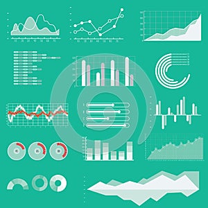 Thin line vector graphs, charts and diagrams with flat elements.