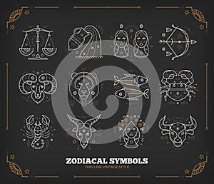 Thin line vector zodiacal symbols. Astrology, horoscope sign, graphic design elements, printing template. Vintage