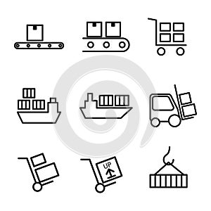 Thin line warehouse logistic icons