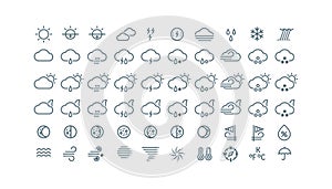 Thin line weather icons collection. Gray icons isolated on white background