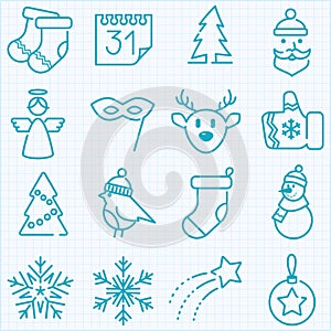 Thin line winter and Christmas time icons set