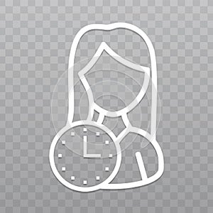 Thin line Woman with Clock icon. Save the date on transparent background.