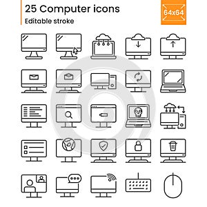 Thin lines vector icon. computer and monitor set