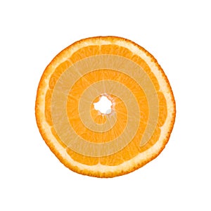 Thin orange fruit slice isolated on a white background. Ctrus round slice. Food background