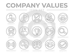 Thin Outline Company Values Round Gray Icon Set. Integrity, Leadership, Quality, Value, Respect, Trust, Positivity, Honesty,