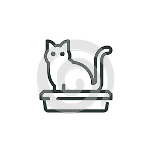 Thin Outline Icon Domestic Cat Goes To the Toilet In The Tray Cat Walks The Litter Box. Such Line Sign as Pet Supplies photo