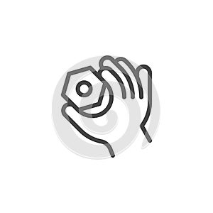 Thin Outline Icon Hand and Nut. Such Line sign as Fine Motor Skills, Preschool Learning, Educational Games. Vector