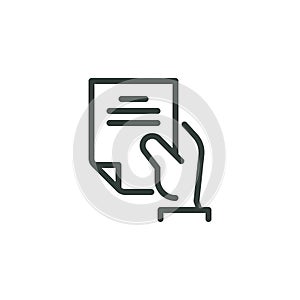 Thin Outline Icon Sheet of Paper or Document in a Person's Hand. Such Line sign as Request, Submission of Documents photo