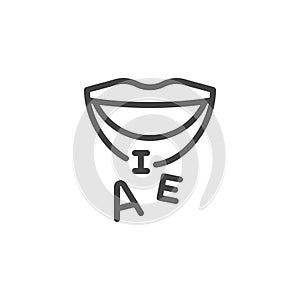 Thin Outline Mouth and Letters Icon. Such Line sign as Articulation, Speech Therapy, Talk or Speak. Vector Computer