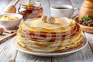 Thin Pancakes with Crispy Crust Stack for Breakfast and Shrovetide