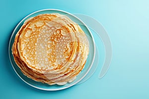 Thin pancakes or russian blini on blue background. Generative AI