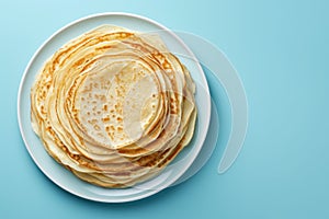 Thin pancakes or russian blini on blue background. Generative AI