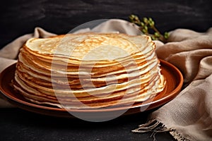 Thin pancakes or russian blini on gray background. Generative AI