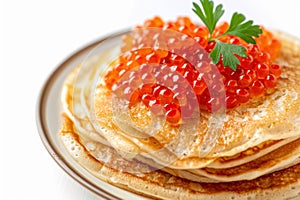 Thin pancakes or russian blini on gray background. Generative AI